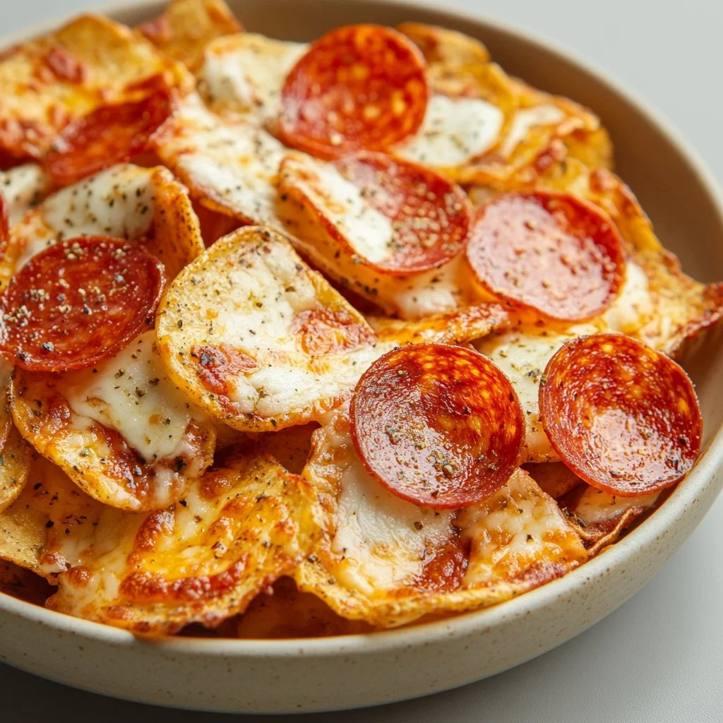 En skål med läckra pizzachips gjorda av 2 ingredienser.