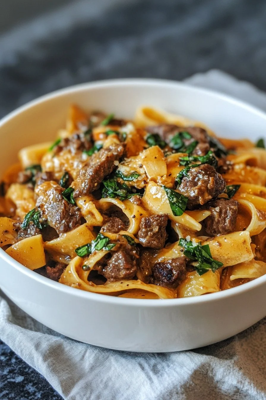 High-protein creamy beef pasta