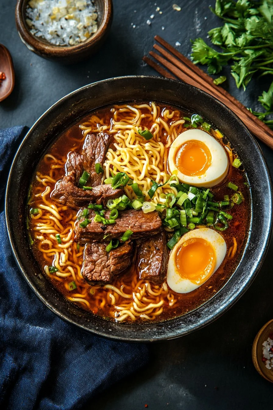 Långsamkokt nötkött ramen-nudlar