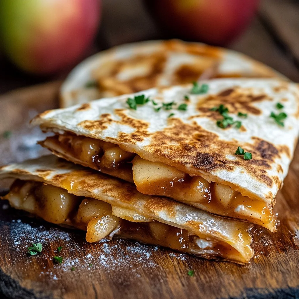 Äppelkanelsfrukostquesadillas med fräscha äpplen och kanel på en tallrik.