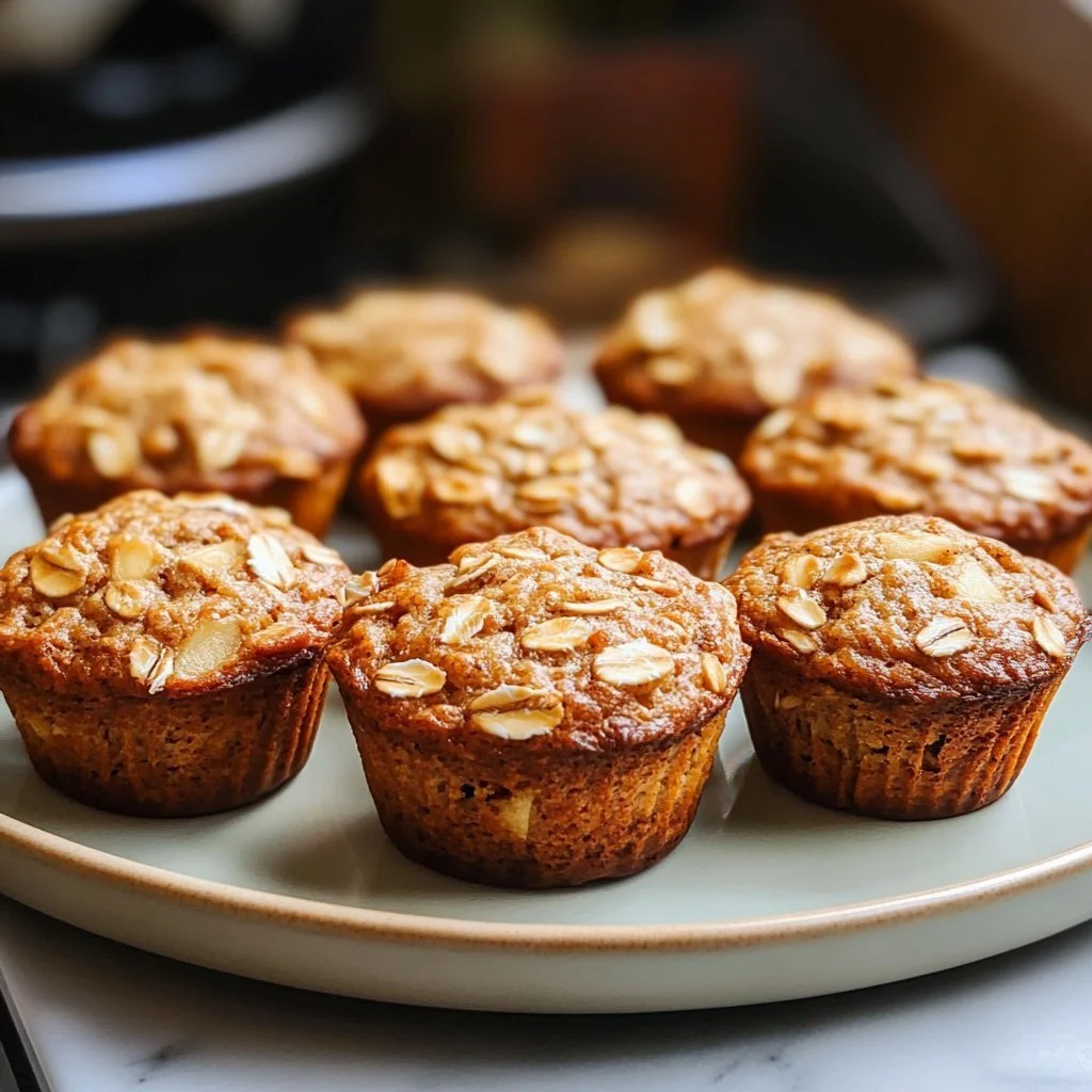 Äpple kanel havre muffins på ett fat, dekorerade med kanel och äppelbitar.