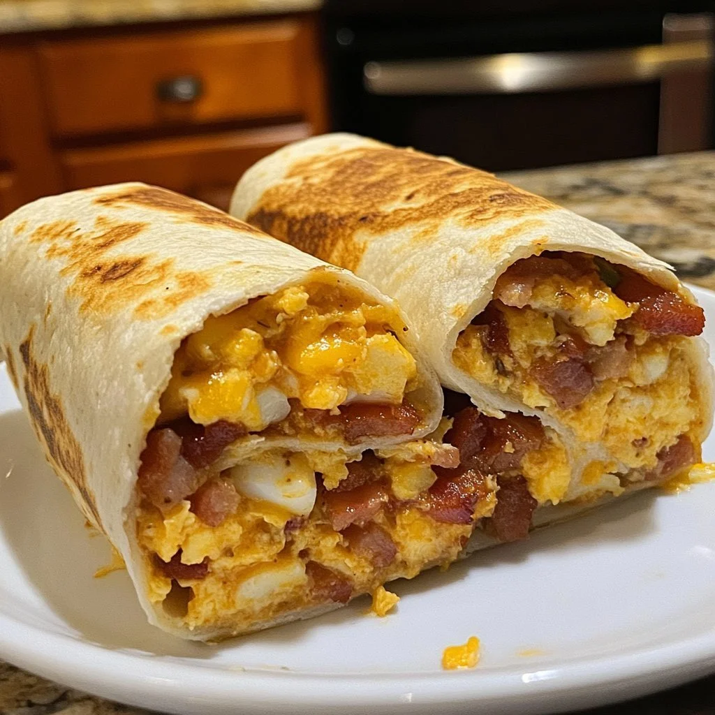 Bacon, ägg och ost i en frukostburrito