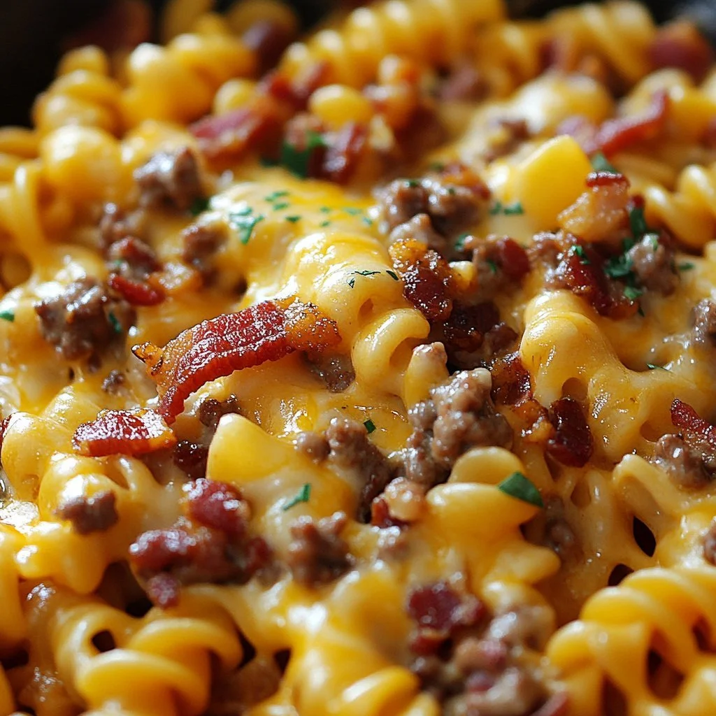 En tallrik Bacon Cheeseburger Pasta med bacon och ost.