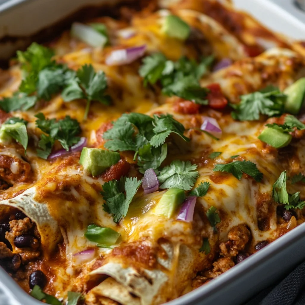 Färska kalkon och svarta bönor enchiladas i en vit sås.