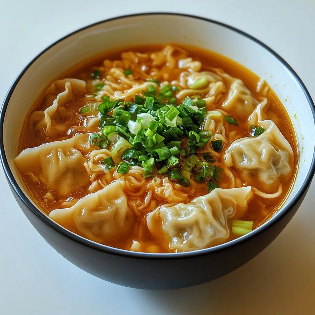Skål med gyoza soppa som är fylld med dumplings och grönsaker.