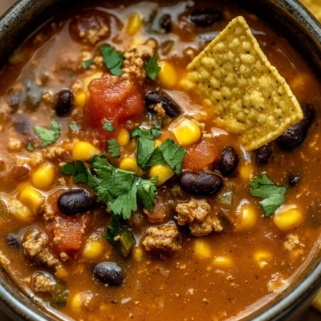 Högprotein krämig tacosoppa serverad i en skål med färska ingredienser.