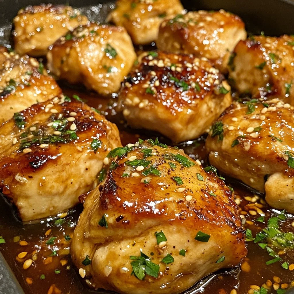 Läckra honungs- och vitlökskycklingbröst på en tallrik med grönsaker.