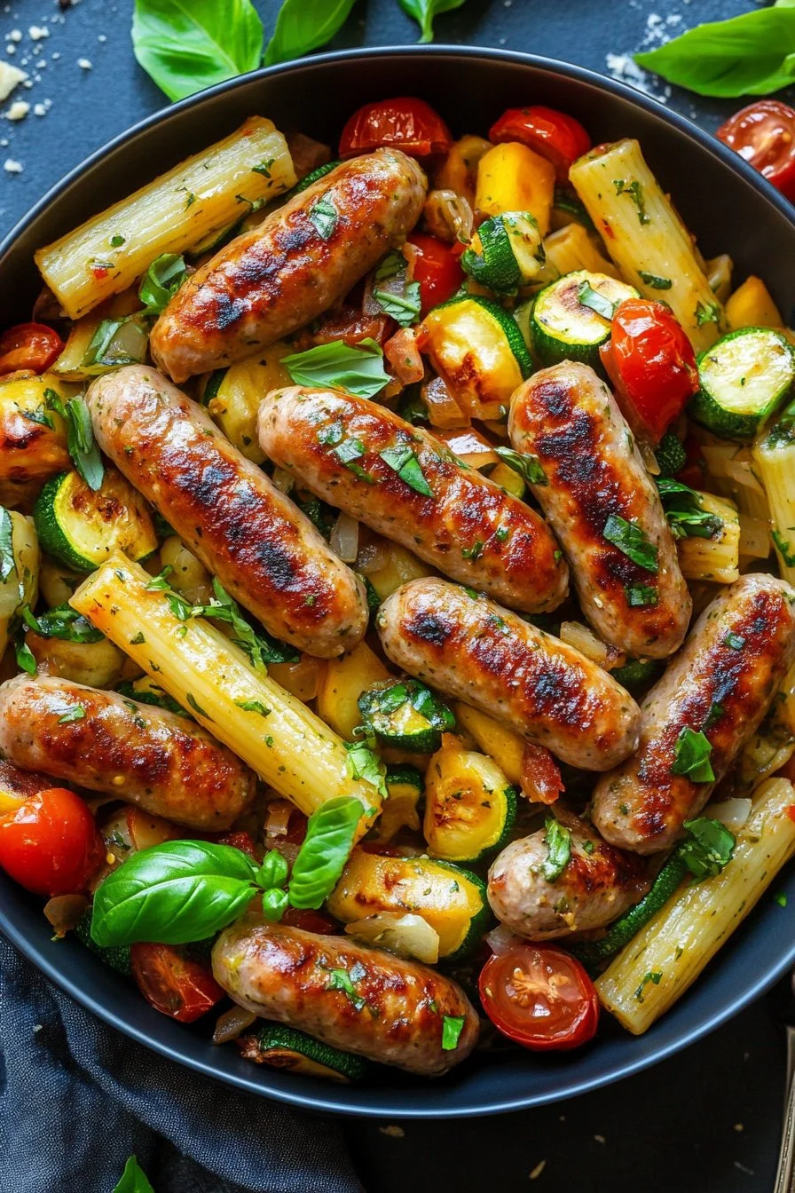 Kyllingkorv med zucchini, tomater och pasta
