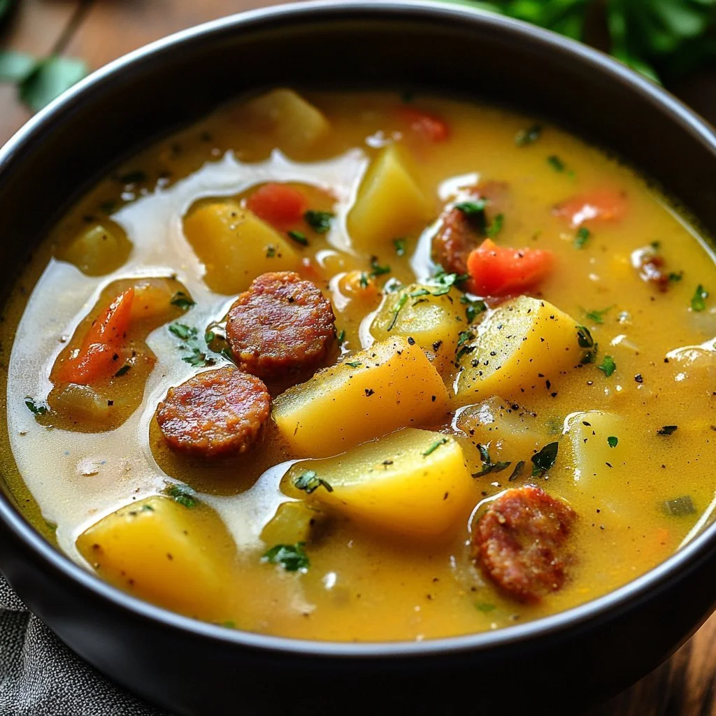 Skål med Kajunpotatis Soppa garnished with herbs