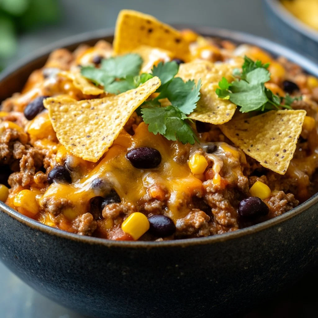 En smakfull köksgryta Taco Gratin med ost och kryddor