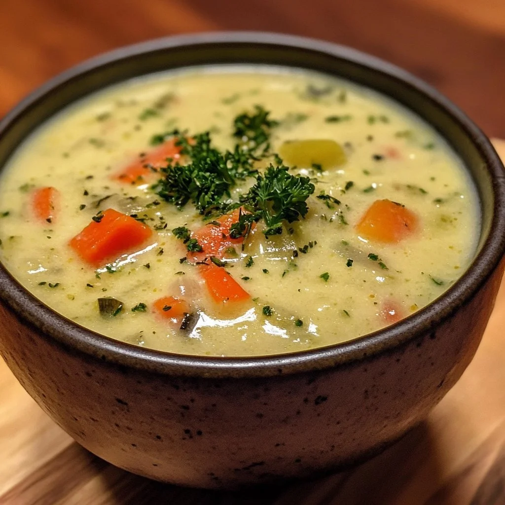Skål med krämig grönsakssoppa med färska grönsaker och örter