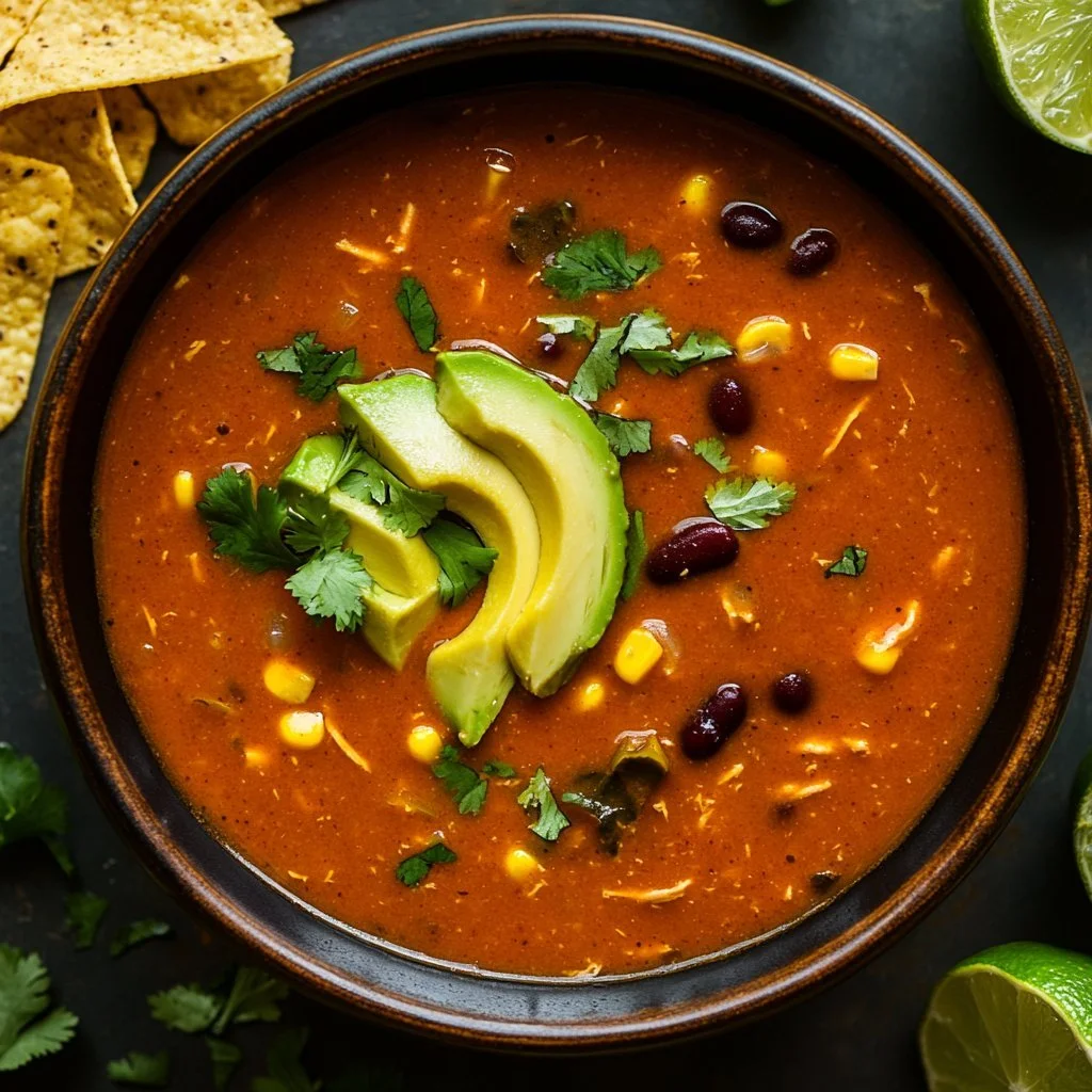 Krämlig kyckling enchiladasoppa med färska ingredienser i en skål