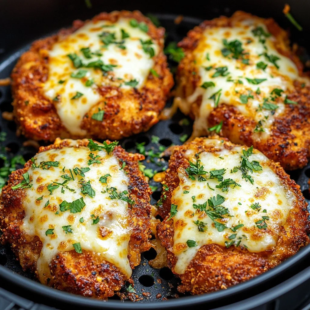 Krispig luftfritera kyckling parmesan som serveras med grönsaker