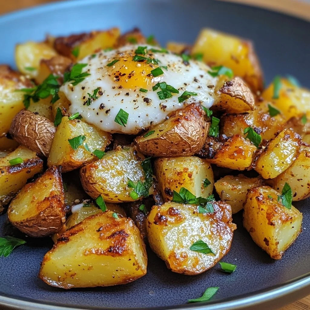 Krispiga frukostpotatisar serverade på en tallrik med örter