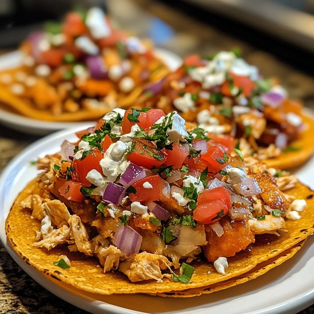 Krispiga rotisserikyckling tostadas med fräscha ingredienser och smaklig sås