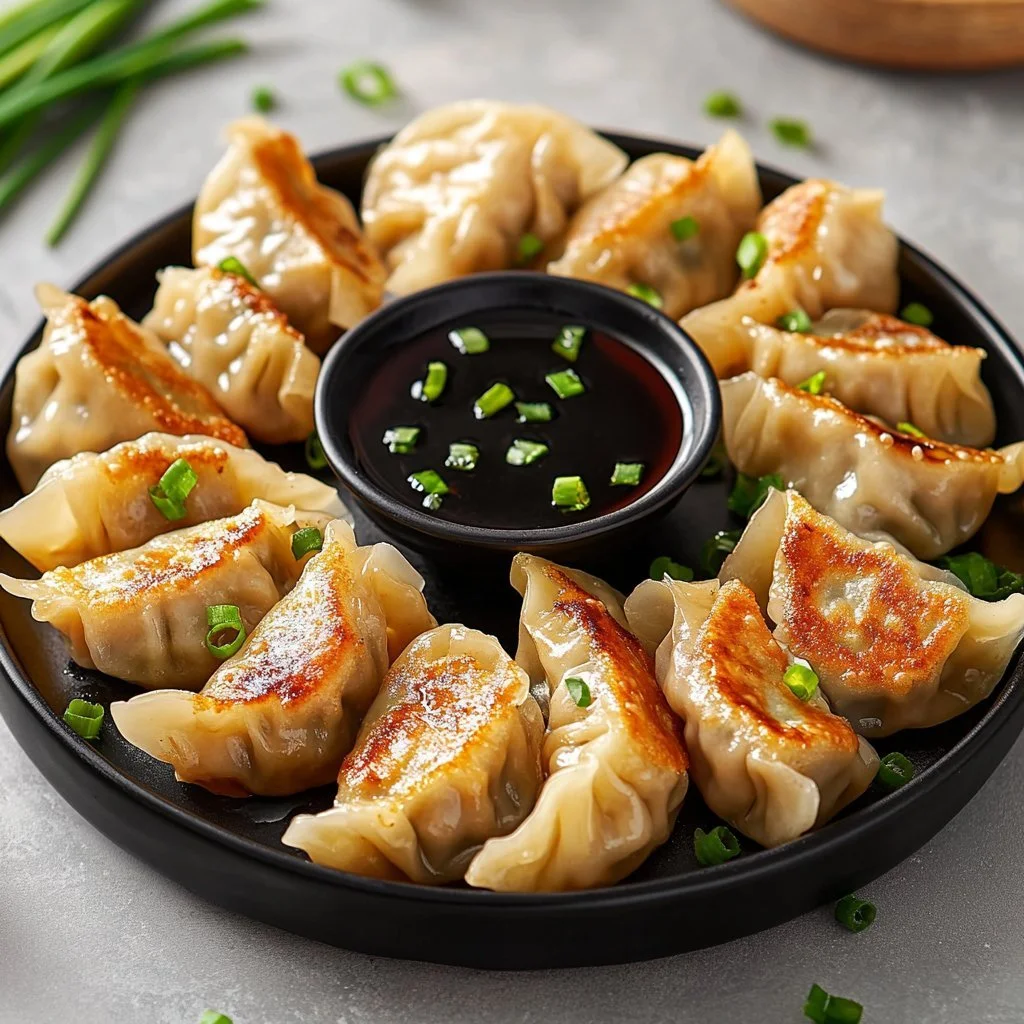 Kyckling potstickers stekta dumplings på en tallrik
