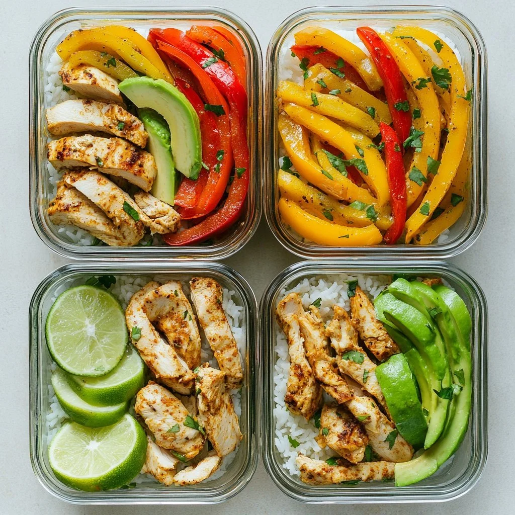 Läckra kycklingfajita måltidsförberedelse skålar fulla av färska ingredienser