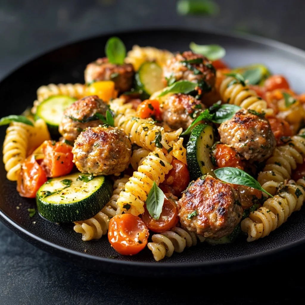 Kyllingkorv med zucchini, tomater och pasta på en tallrik