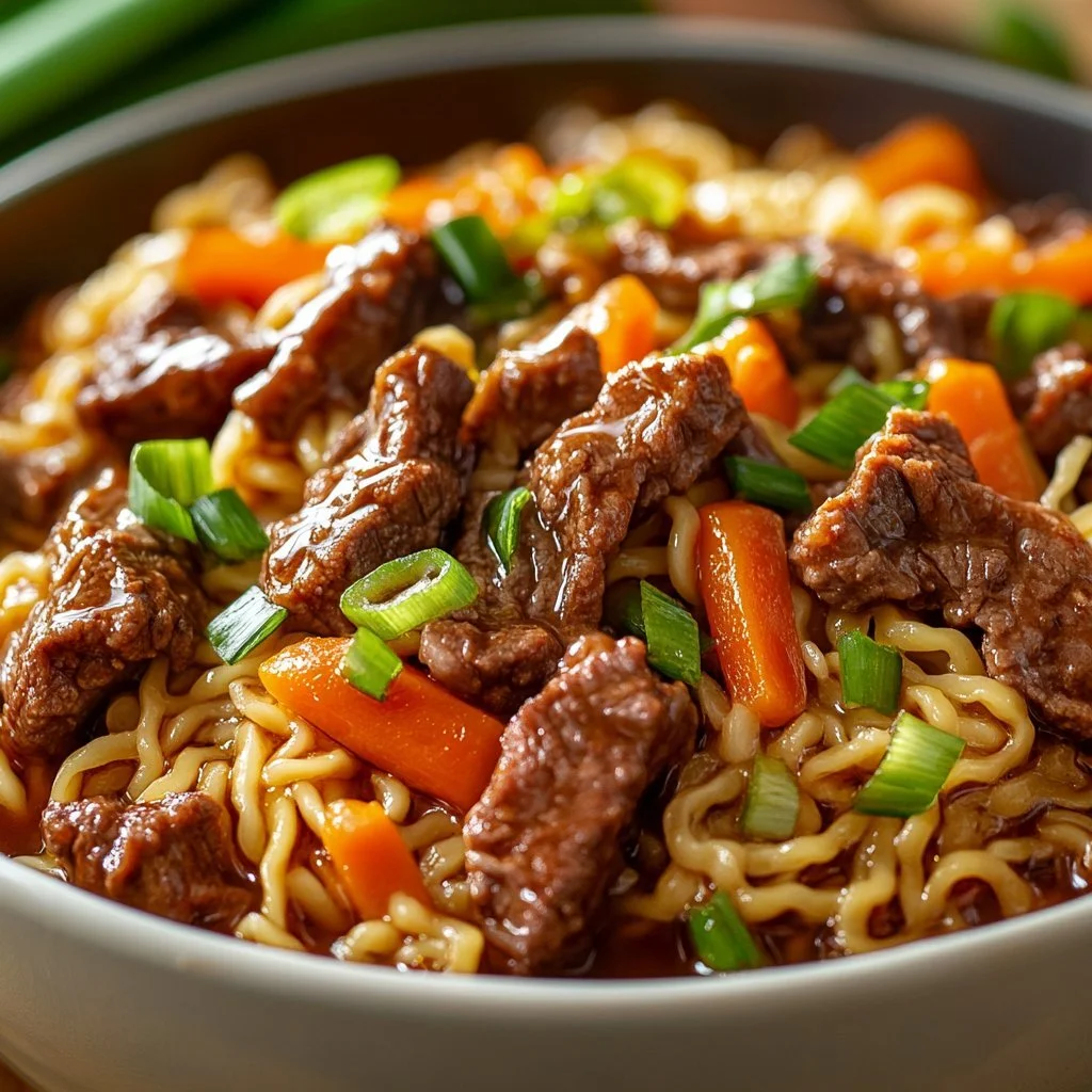 Långsamkokt nötkött ramen-nudlar i en skål
