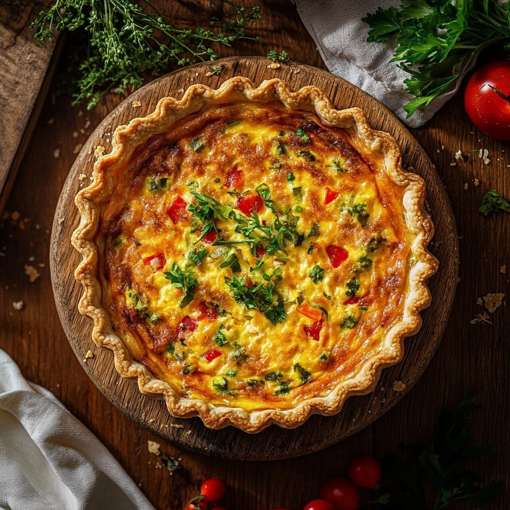Lätt frukostquiche med grönsaker och ost för en smakfull morgonmåltid.