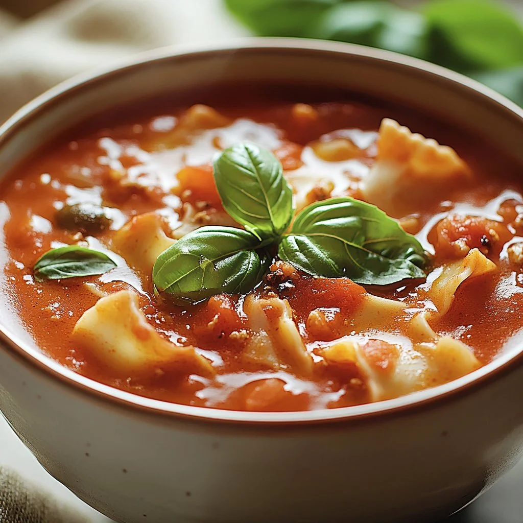 Lätt krämig lasagna soppa med pasta och tomatsås i en skål