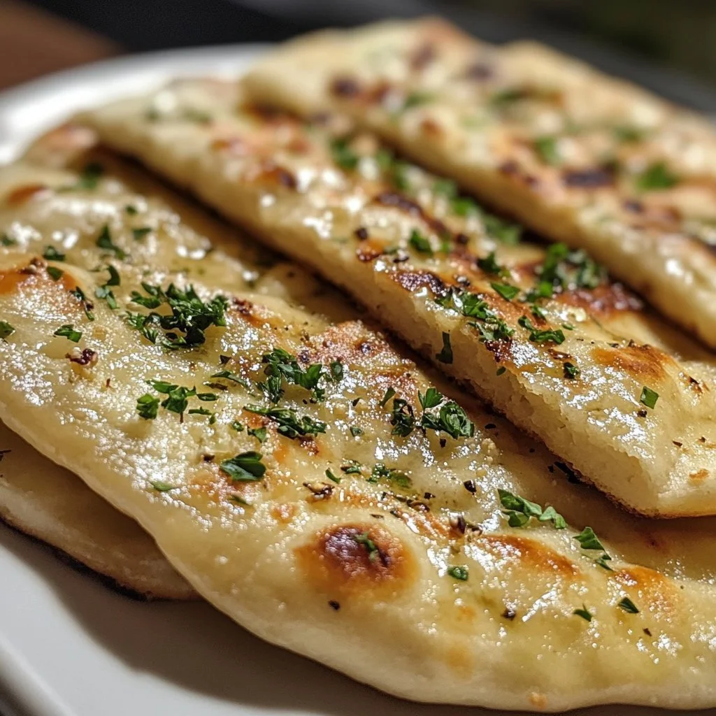 Luftfriterad vitlöksflatbread på en tallrik med örter.