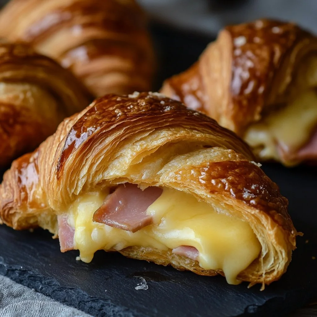 Luftfritös croissanter med skinka och ost på en tallrik