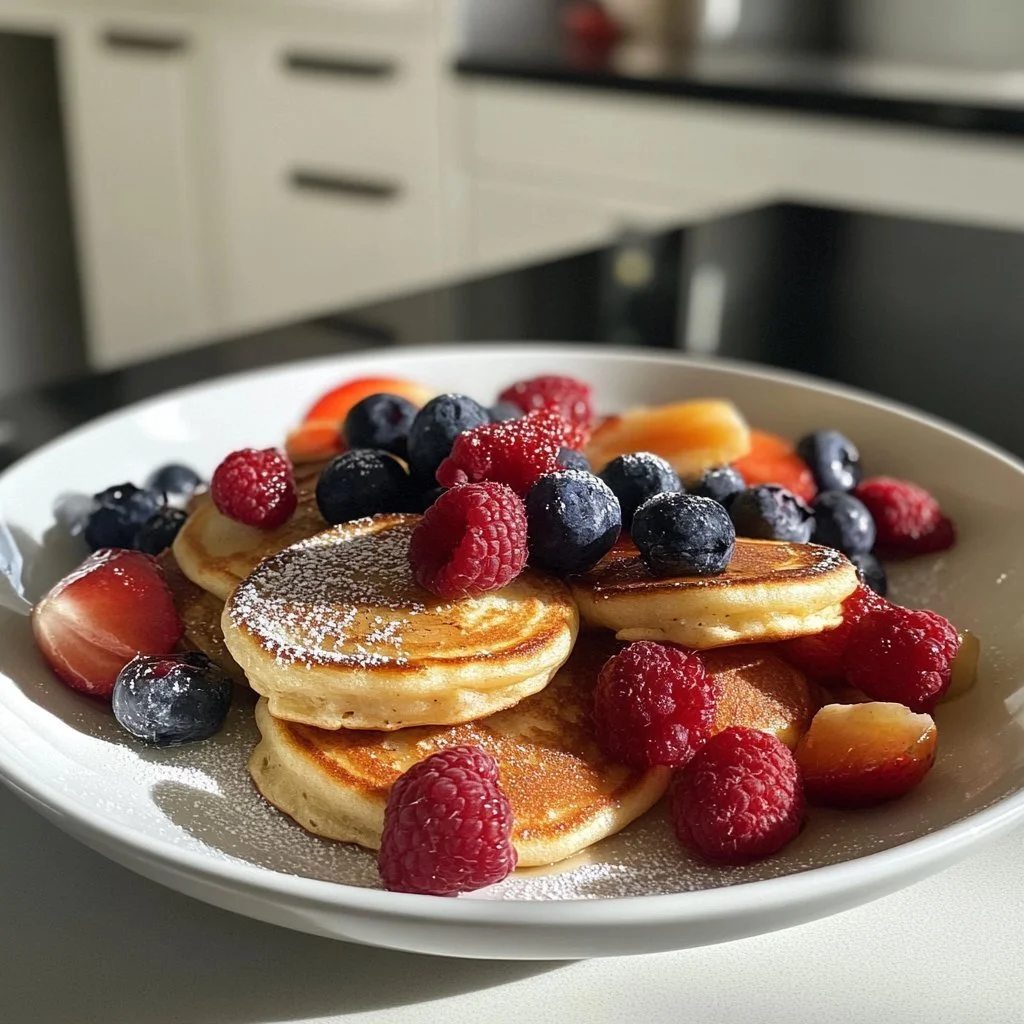 Mini veganska pannkakor med frukt och sirap på tallrik