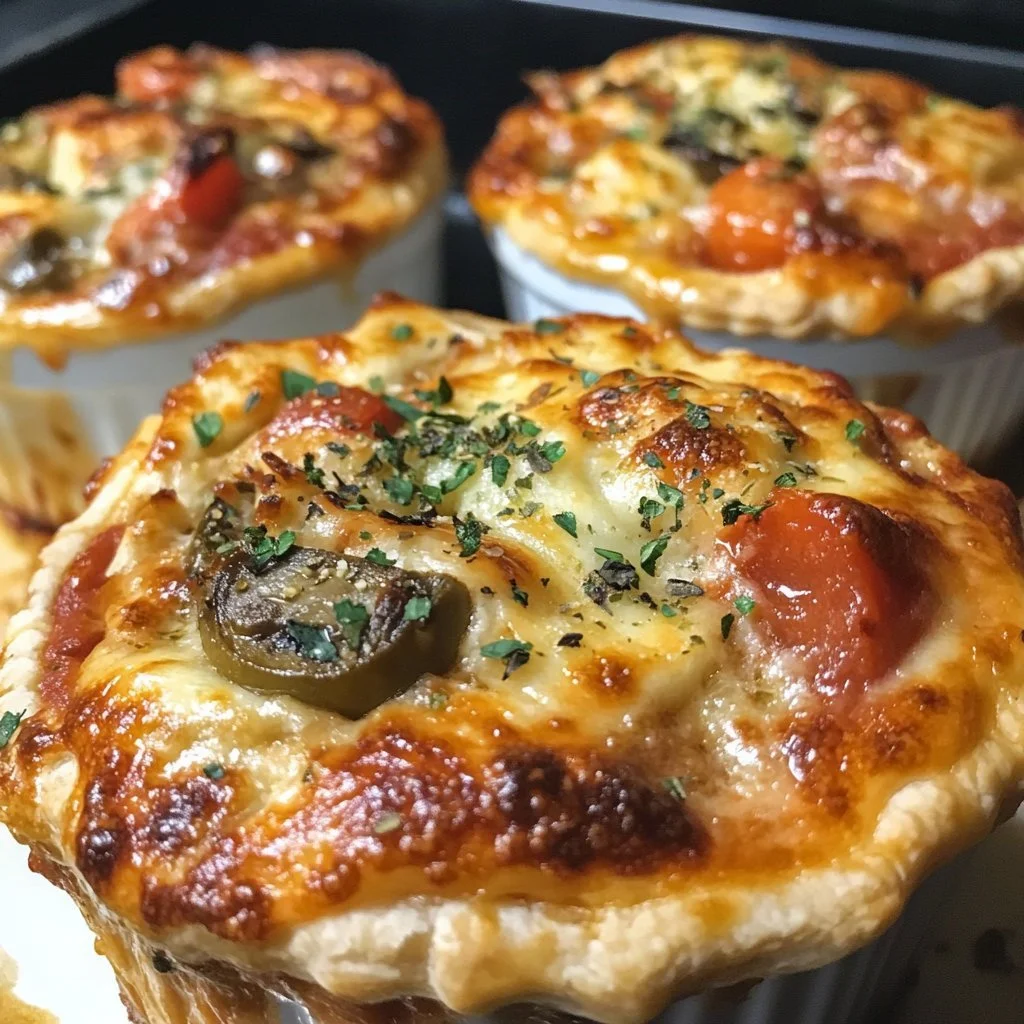 Utsökta Pizza Pot Pies bakade till perfektion med ost och tomatsås.