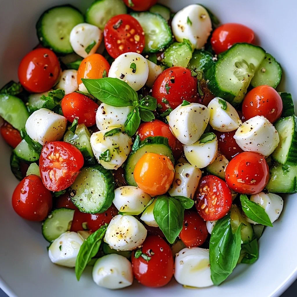 Saftig Gurka Caprese Sallad med mozzarella och färsk basilika