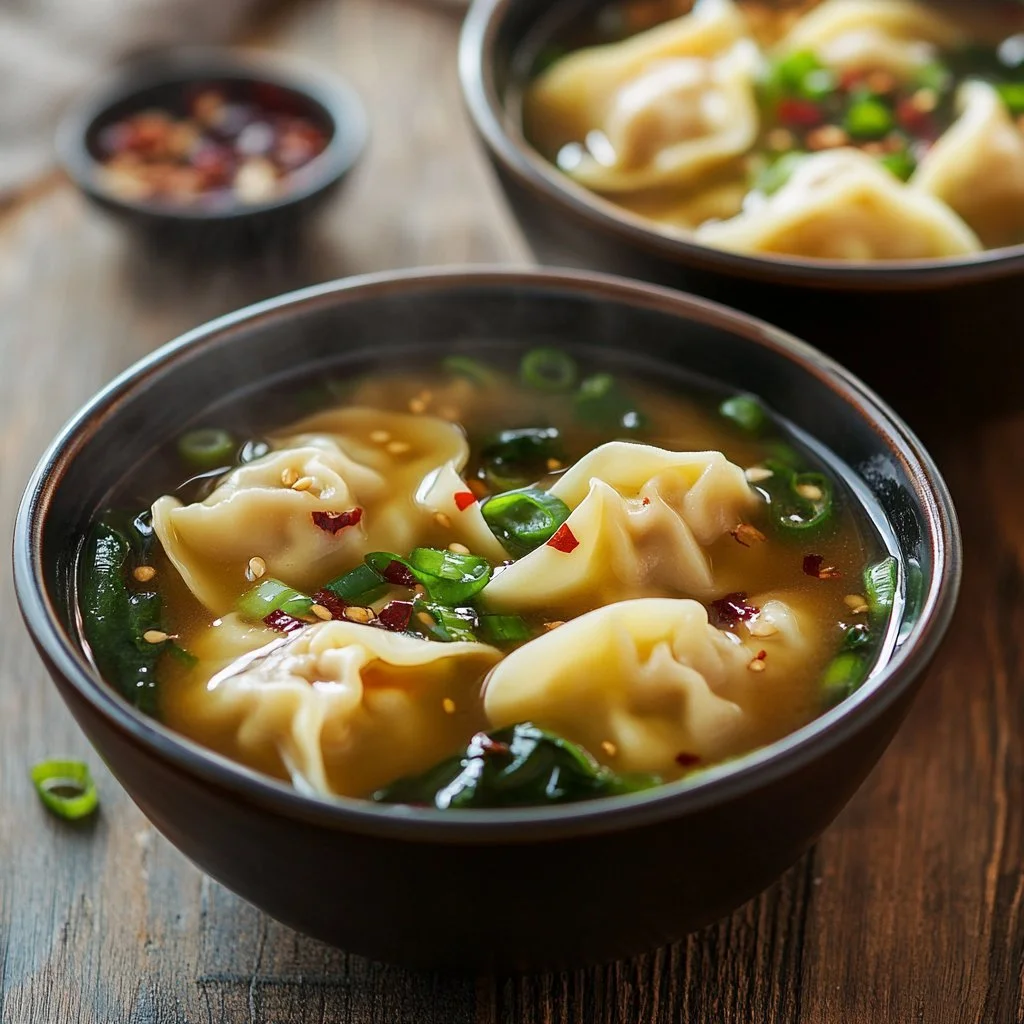 En skål med smakfull wonton soppa med färska grönsaker.