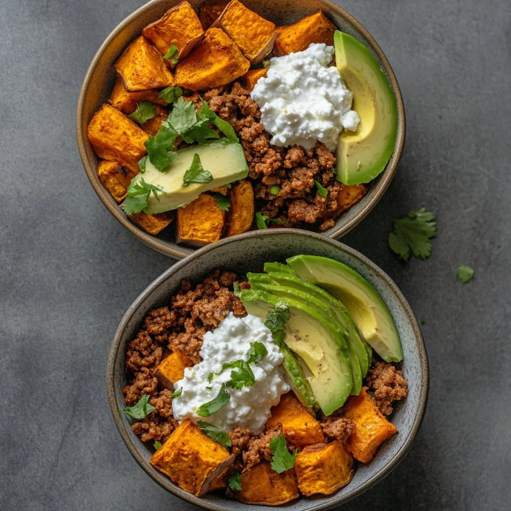 Sötpotatis taco skål med färska grönsaker och dressing