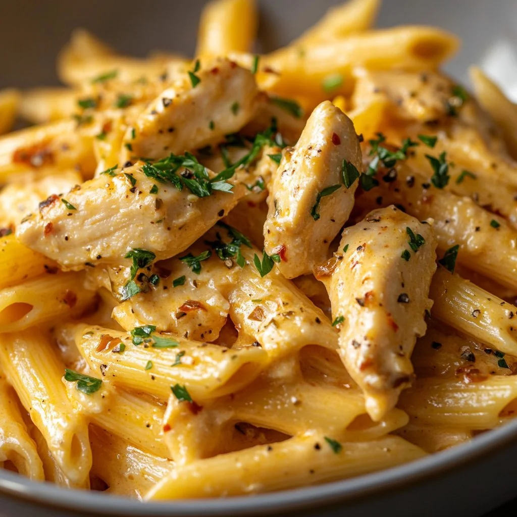 Kreativ spräckt kyckling penne med färska grönsaker och sås.