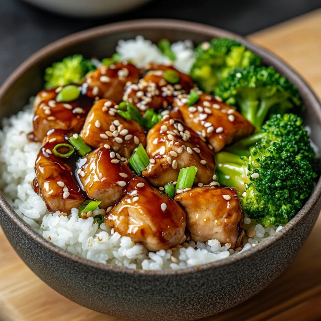 Teriyaki kyckling ris skål serverad med grönsaker och soja