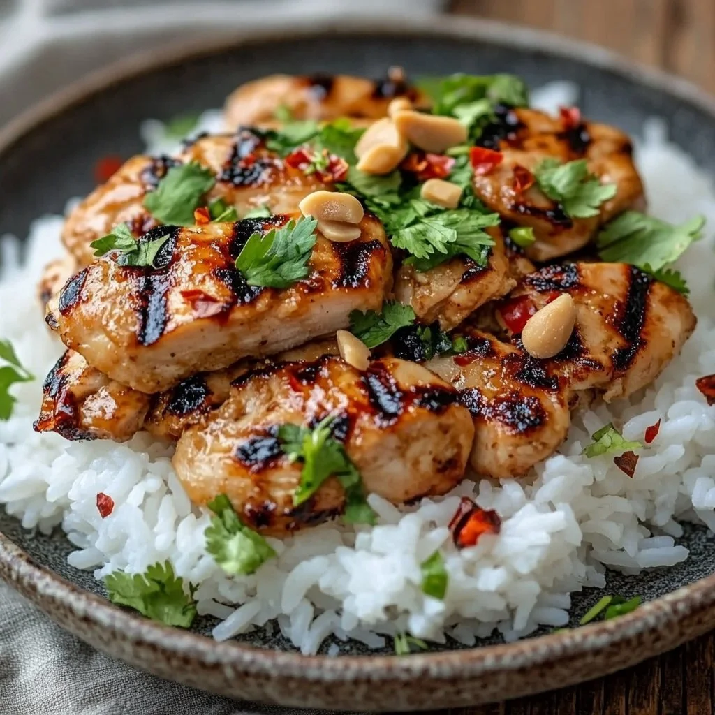 Läcker thailändsk jordnötkyckling med krämig sås och grönsaker
