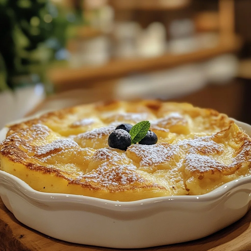 Varm och fluffig pannkakasgratin serverad på en tallrik