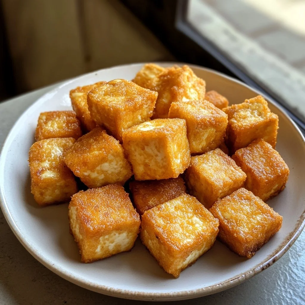 Krispig tofu tillagad i luftfritös, enkel och snabb vegansk rätt.