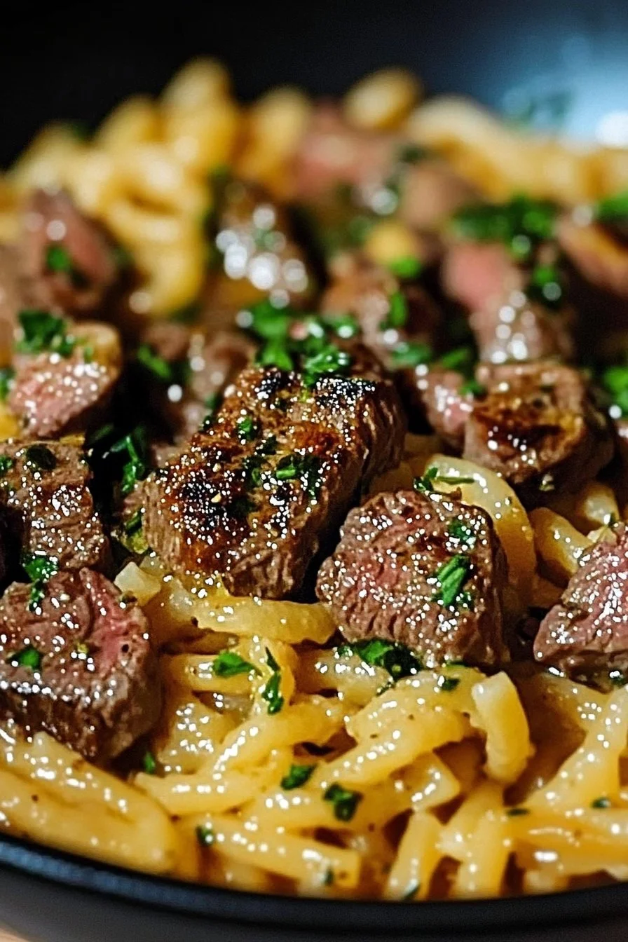 Enkelt gryta med krämig het vitlökssmörostbiff och pasta