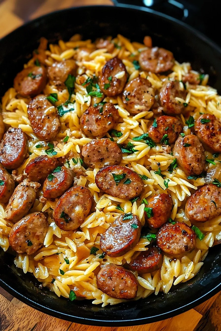 Enkeltlagningsgryta med vitlökssmör, korv och orzo