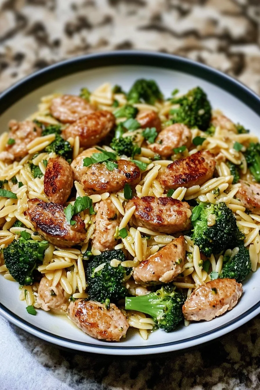 Kycklingkorv och Broccoli Orzo