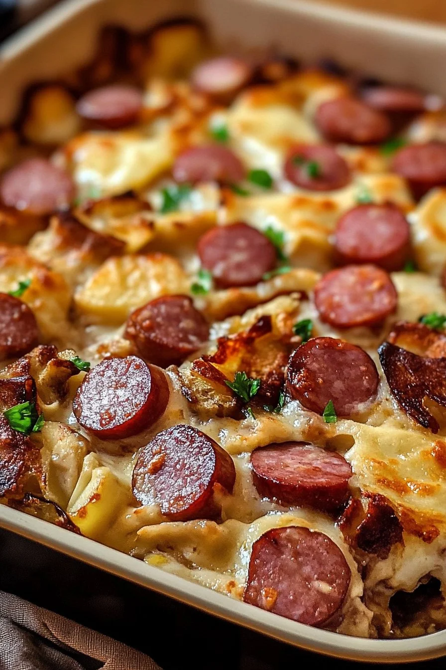 Kielbasa och Pierogi Gratin