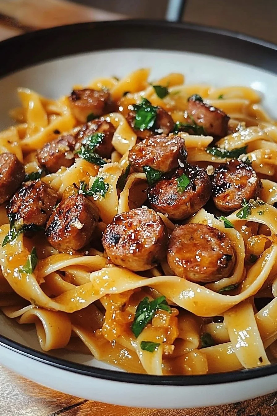 Klibbig honung-vitlök pasta med italiensk korv