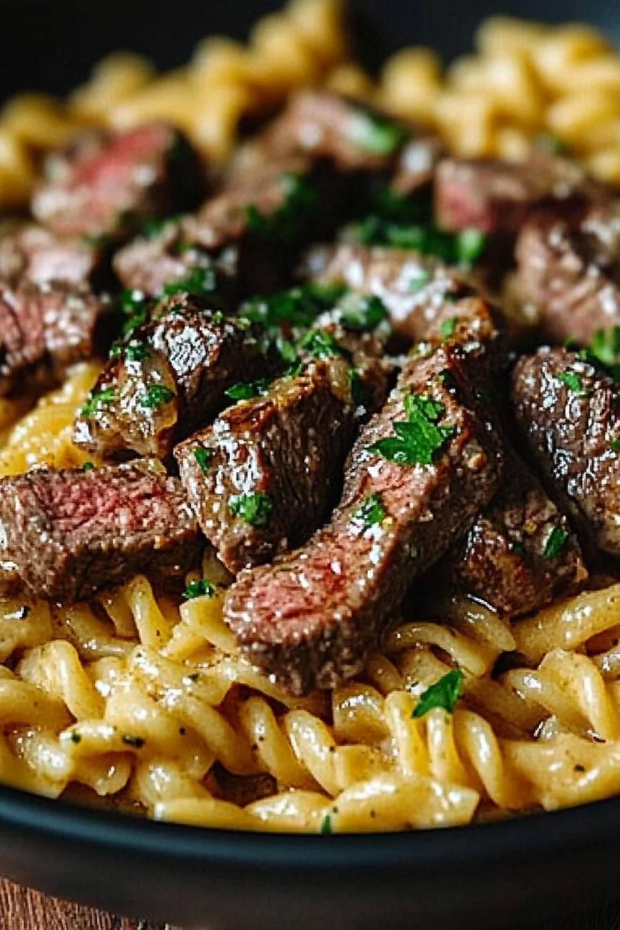 Enkelt krämig kryddig vitlökssmörstek och pasta