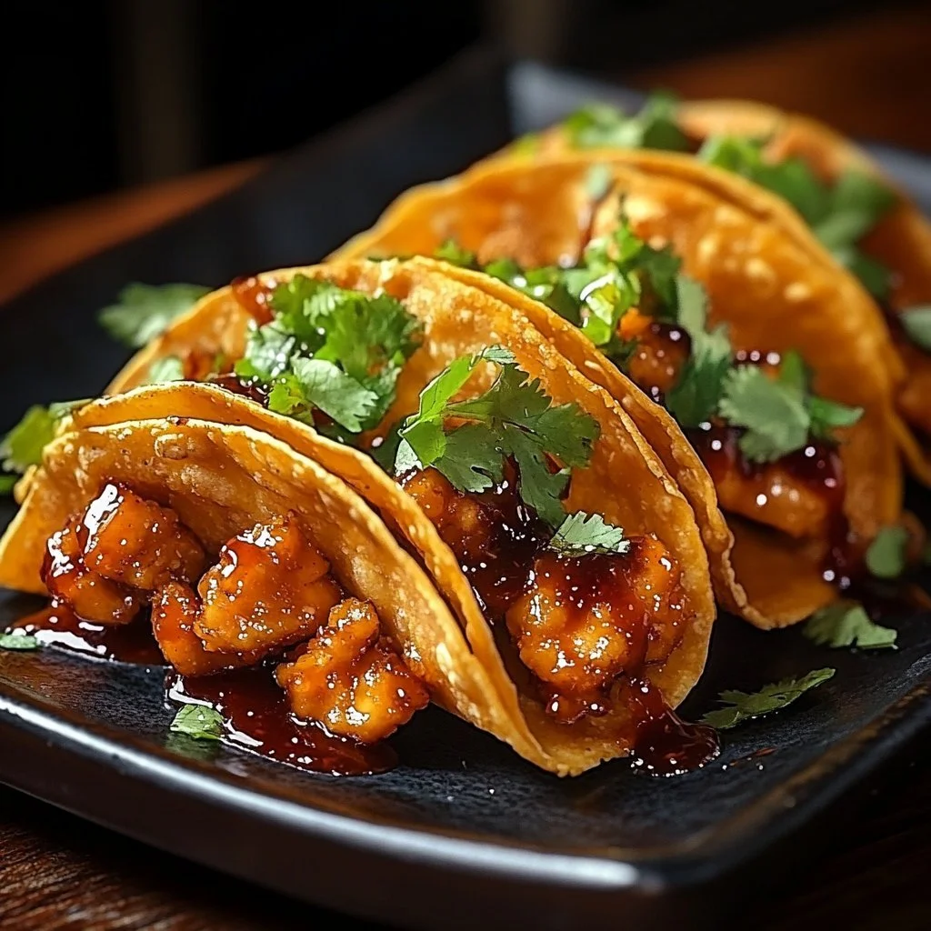 Applebee’s kycklingwonton-tacos på tallrik med sås och grönsaker