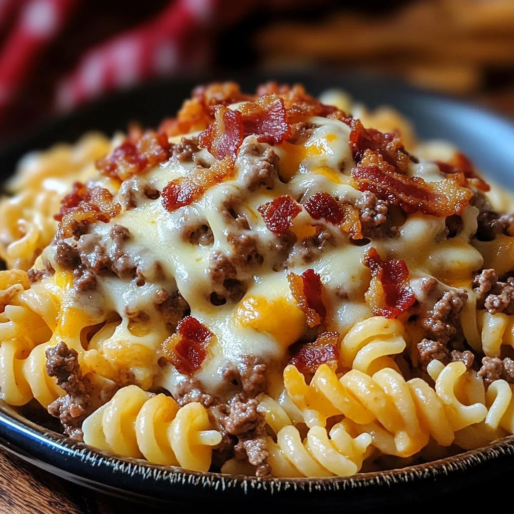 En skål med bacon cheeseburger pasta, garnerad med grönsaker och ost
