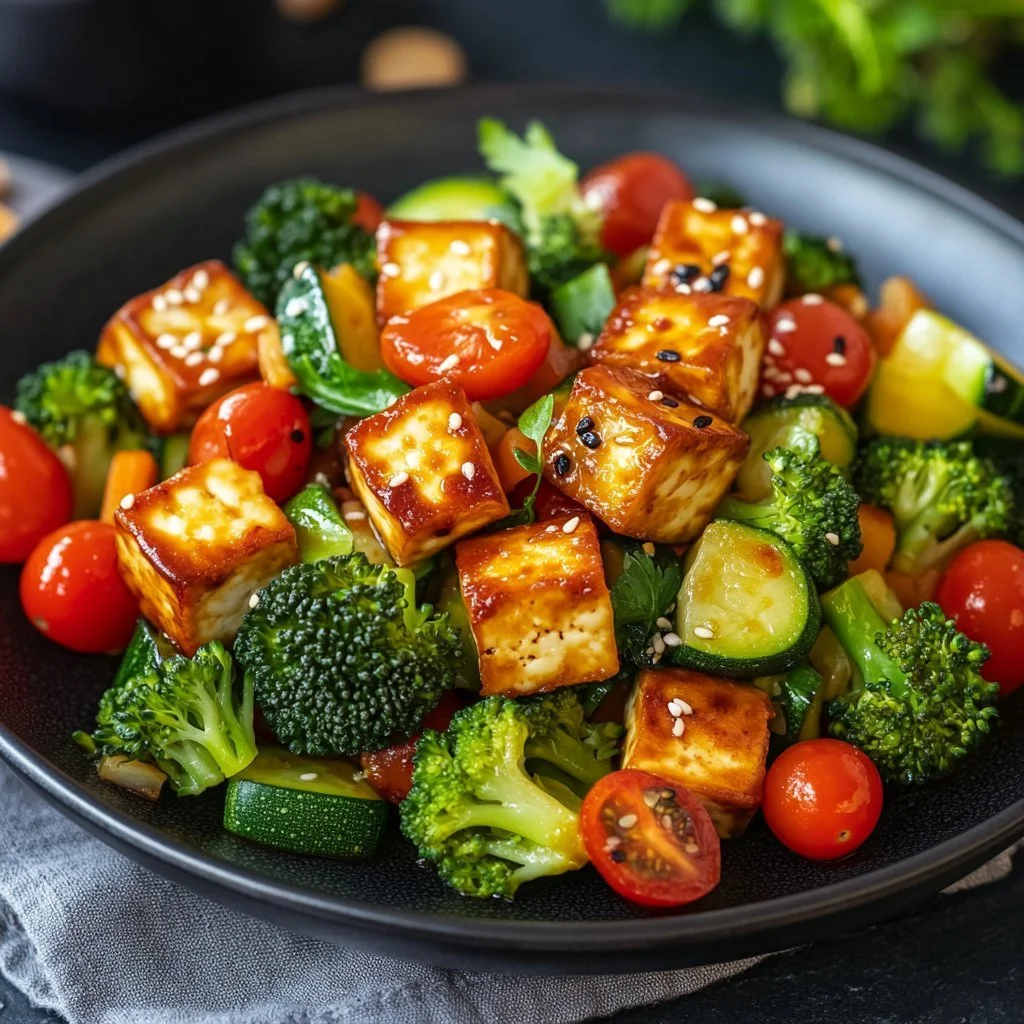 Bakat tofu och grönsaksbowl med färska ingredienser och sås.