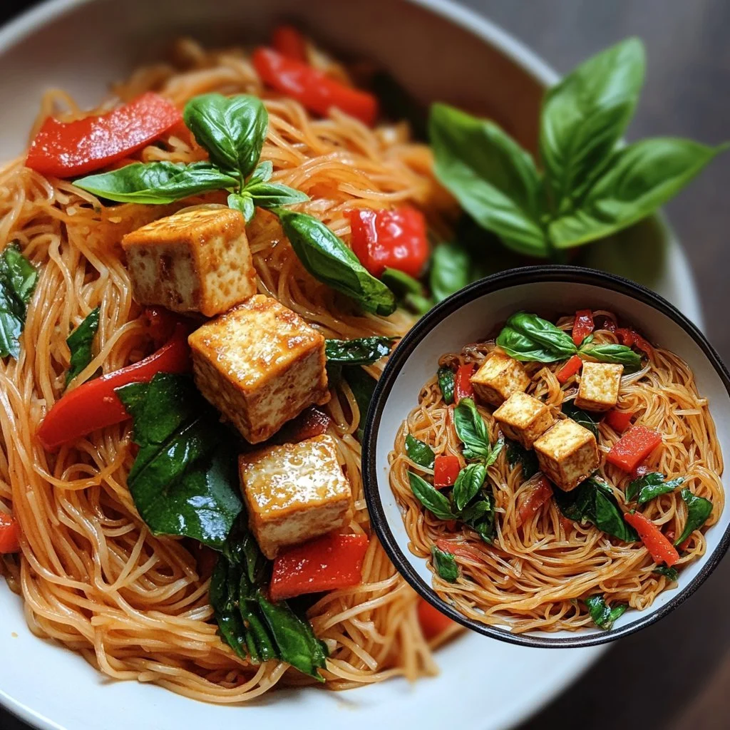 Läckra Tofu Vermicelli Nudlar med färsk basilika i en skål.