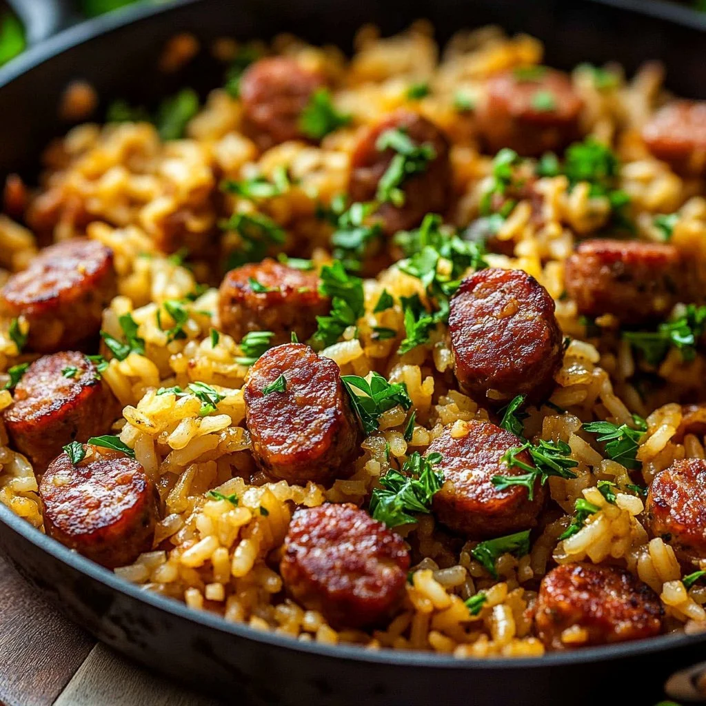 Cajun Korv och Ris Stekpanna med färska grönsaker och kryddor