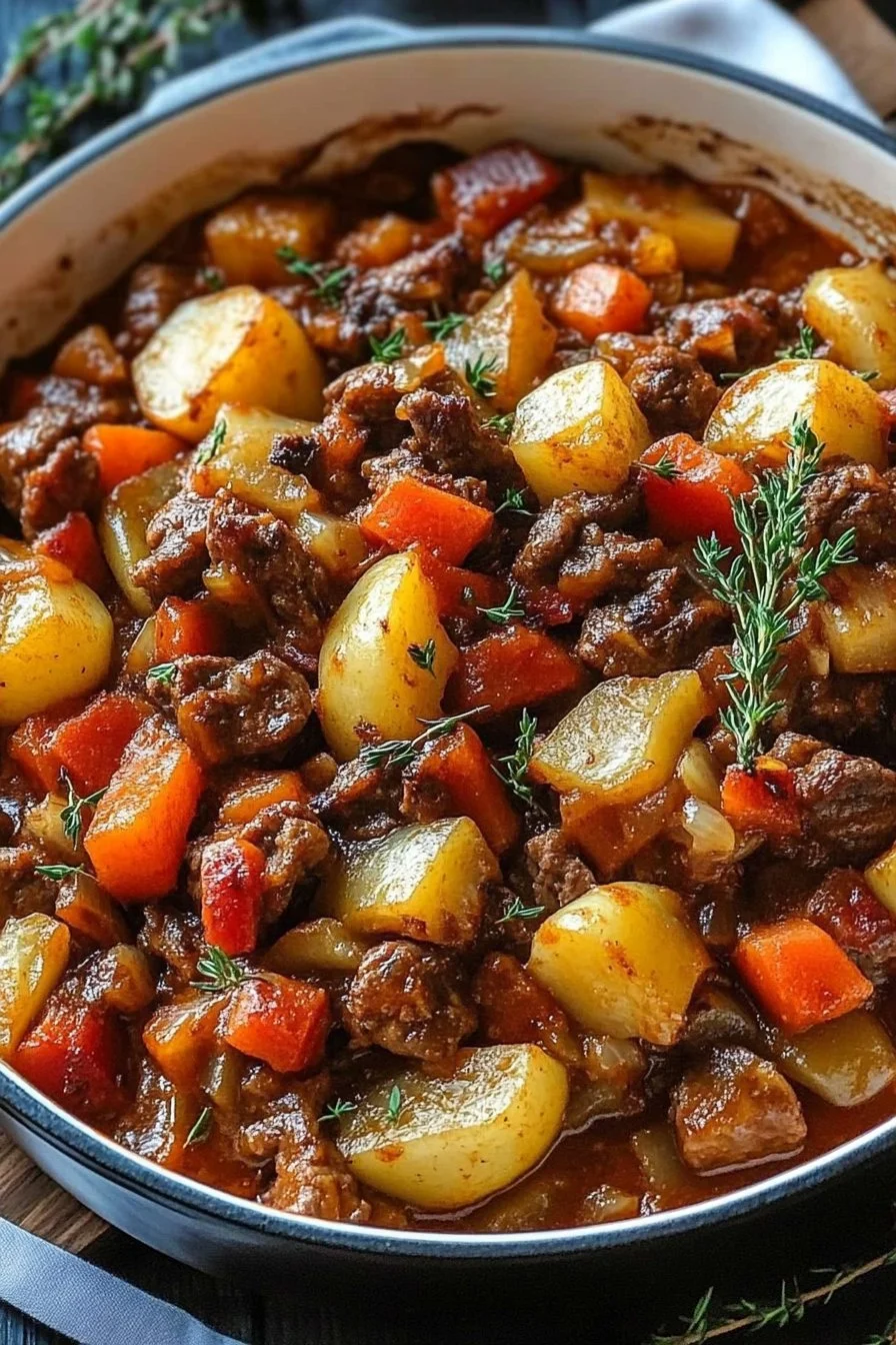 Såsig nötkött och grönsaksgratäng