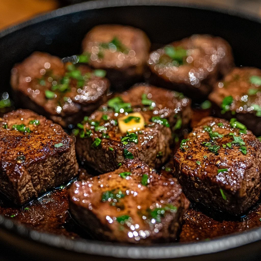 Cowboy smörbitar av oxfilé på tallrik med tillbehör